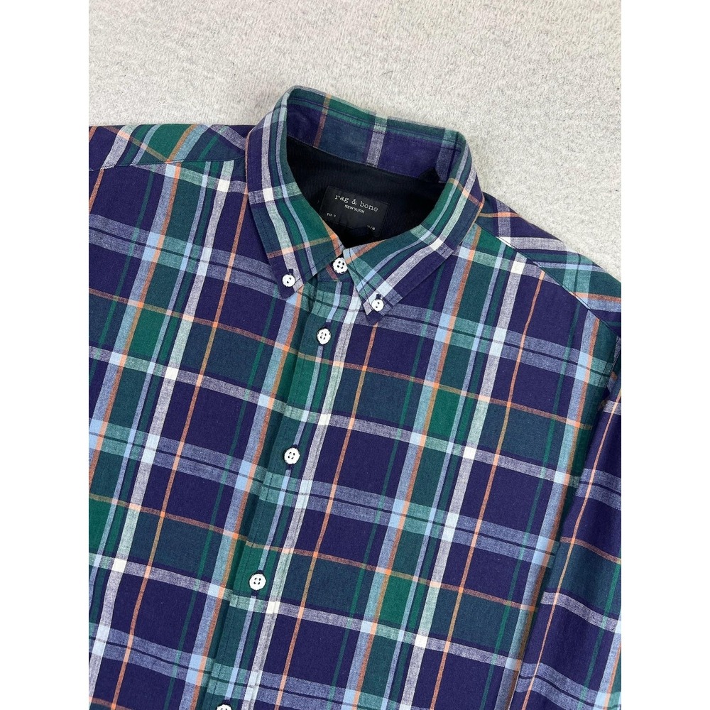 Rag & Bone Shirt Mens Medium Blue Plaid Linen Cotton Long Sleeve Button Up